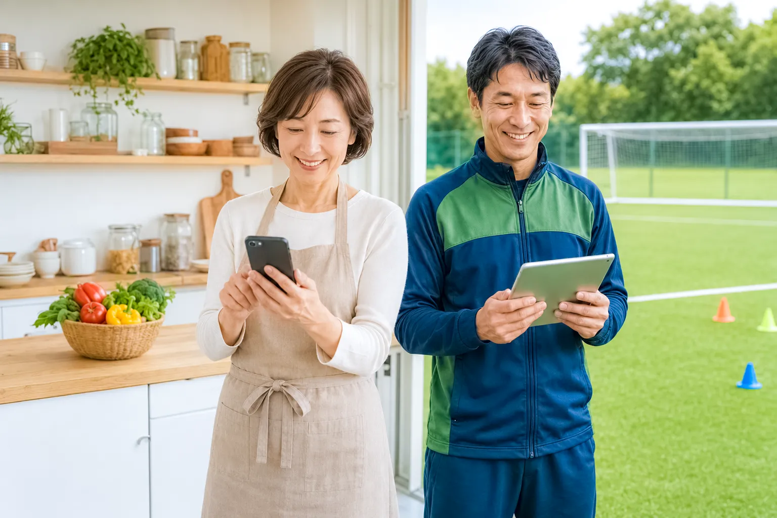 スマホで予定表を確認する保護者と、タブレットを持つ指導者